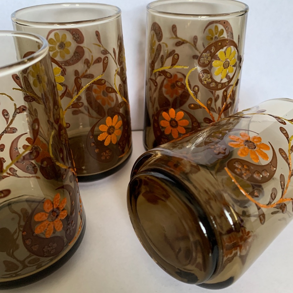Set of 4 Libbey Amber Juice Glasses Daisies 3.75”